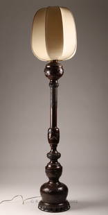 Japanese Meiji Period Bronze Floor Oil Lamp Cranes: Japanese Meiji period bronze floor oil lamp with embossed crane and foliate design around the body, electrified circa early 20th century. 72 inches H x 15 W with shade, post measures 53 inches H.
