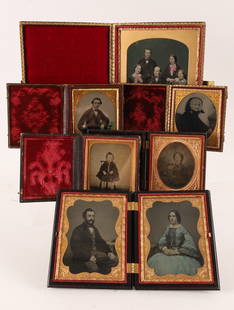 Lot 19th C Daguerreotypes, Ambrotypes, Tintypes: Lot 19th C Daguerreotypes, Ambrotypes, and Tintypes, cased photographs of figures, and families. Some hand tinted, four in leather cases, two in gutta percha frames. Largest case measures 7 inches H x