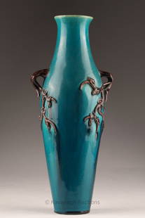 Art Nouveau Japonisme Haviland Turquoise Vase: Art Nouveau Japonisme Haviland Turquoise Vase with cherry branches as handles. Restoration to rim, as shown. With Haviland Mark (1876-1889) on underside. 11 inches H x 4.5 W.
