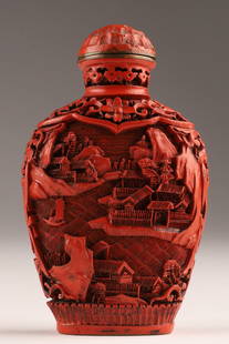 Chinese Red Cinnabar Lacquer Snuff Bottle Signed: Chinese Red Cinnabar Lacquer Snuff Bottle Signed, Village harbour scene. Measuring 3 inches H x 2 W.