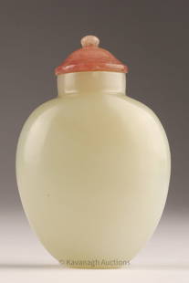 Chinese White Jade Snuff Bottle Rose Quartz Top: Chinese White Jade Ovoid Snuff Bottle with Rose Quartz Stopper. 2.75 inches H x 2