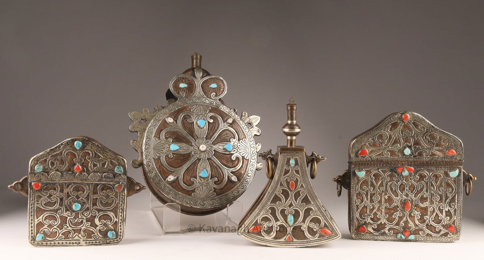 Collection Antique Tibetan Flasks, Prayer Boxes: Collection Antique Tibetan Flasks, Prayer Boxes. Largest flask measures 10 inches H x 8 W, largest prayer box measures 7 inches H x 7.5 W. Inlaid with blue and red stones.