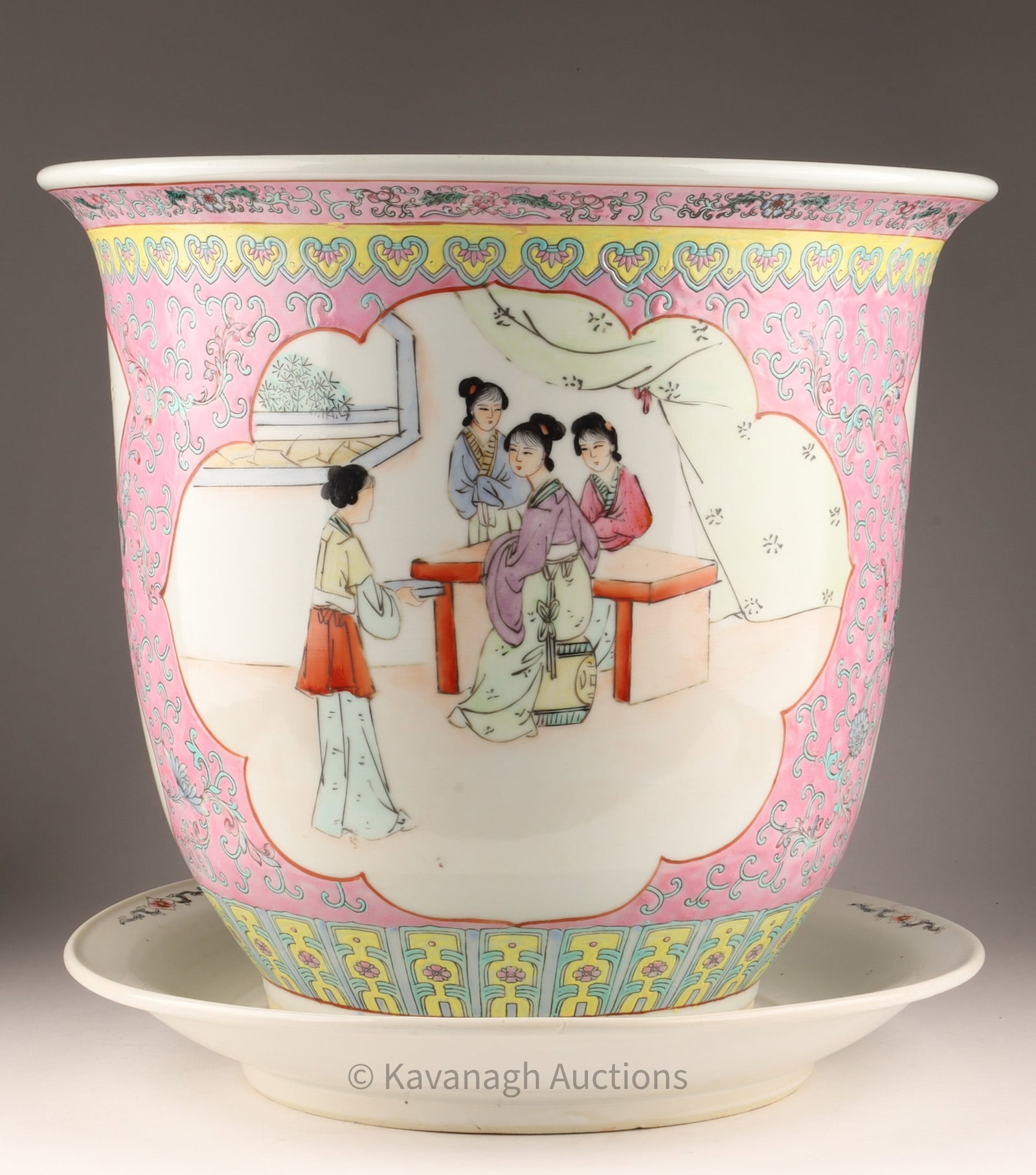 Chinese Famille Rose Planter Jardiniere Saucer: Chinese Famille Rose Porcelain Planter Pot Jardiniere with Saucer. Marked on saucer. Measuring 13 inches H x 14.5 W.