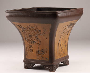 Chinese Yixing Zisha Pottery Planter Signed: Chinese Yixing Zisha Pottery Planter Signed, with incised decoration and characters in panels. 17 inches H x 17 W x 17 deep.