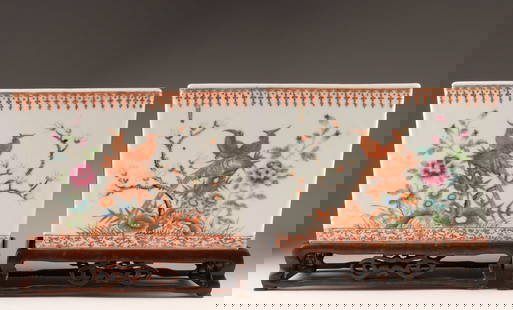 Chinese Export Pair Qing Jardiniere Famille Rose: Chinese Export pair of Qing dynasty Jardiniere of a rectangular form with Famille Rose hand painted enamels showing birds and flora, and coral borders, turquoise enamel on the base, set on carved wood