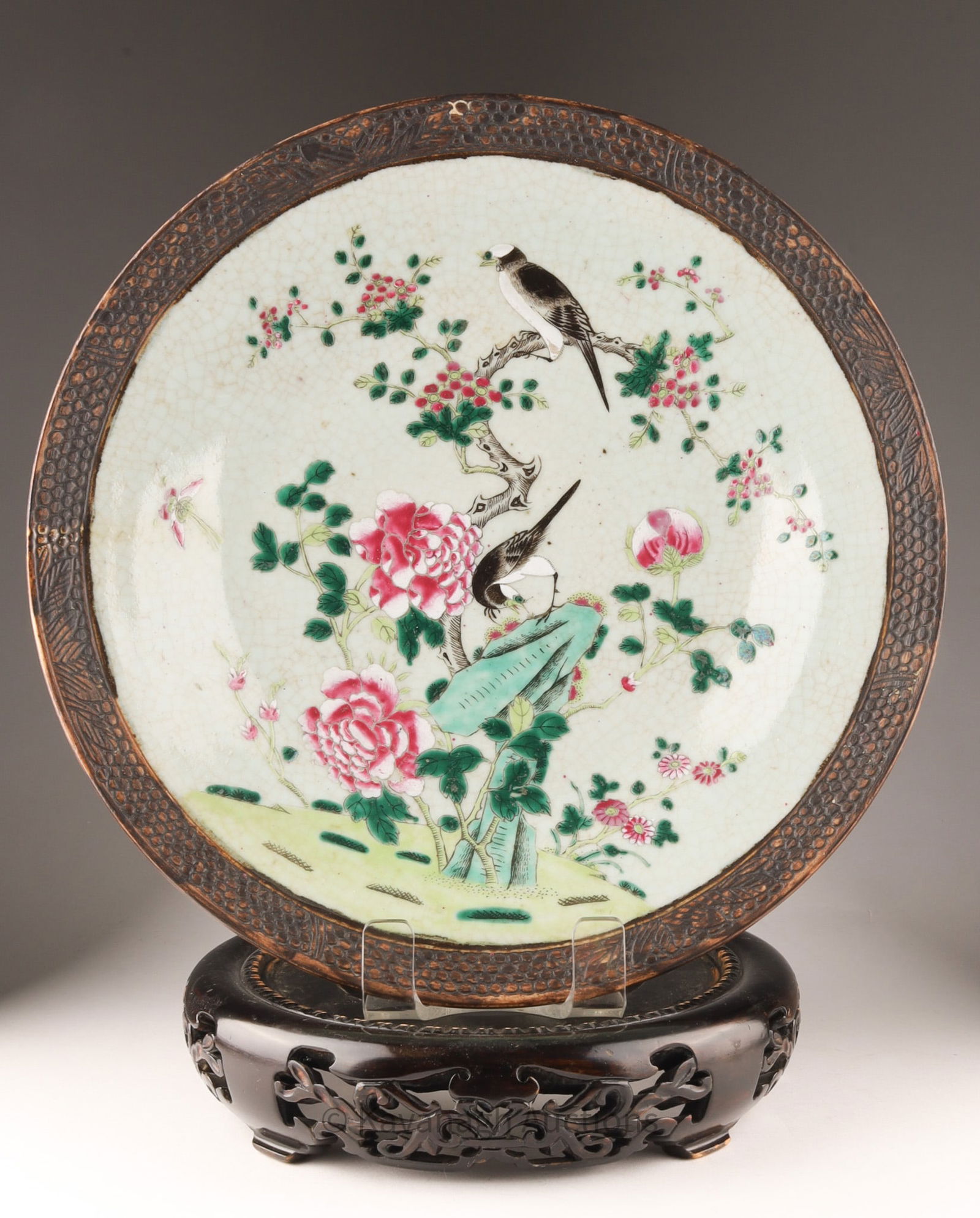 Chinese Antique Wide Crackleware Bowl Chenghua: Chinese antique wide round crackleware bowl, the body with a celadon hue glaze and Famille Rose enamels of birds and flowers in the centre, unglazed brown biscuit border with leaves, marked on base wi