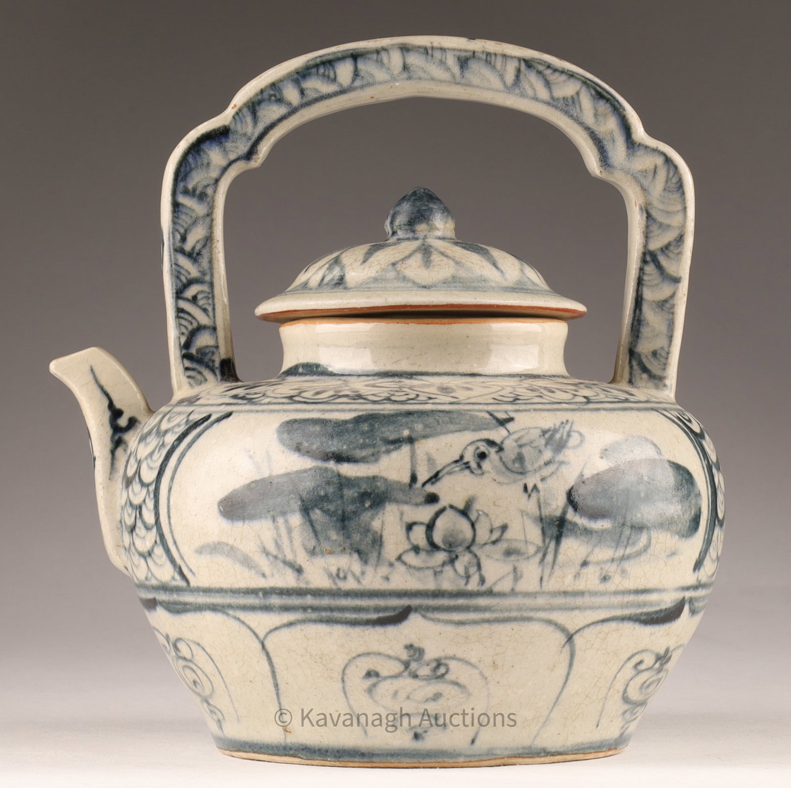Chinese Porcelain Blue and White Tea Pot: Chinese Porcelain Blue and White Tea Pot. 8 inches H x 7 W.