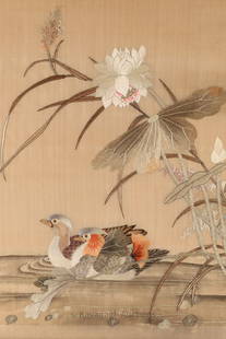 Chinese Embroidered Silk Panel Ducks in Landscape: Chinese hand-embroidered silk panel depicting ducks among lotus flowers. Framed, measures 26 x 20 inches W.