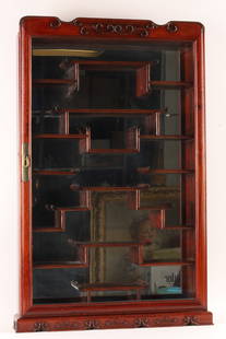 Chinese Hardwood Mirrored Wall Curio Cabinet: Chinese Hardwood Mirrored Wall Hanging or Table Top Curio Cabinet. 33 inches H x 21 W x 4 deep.