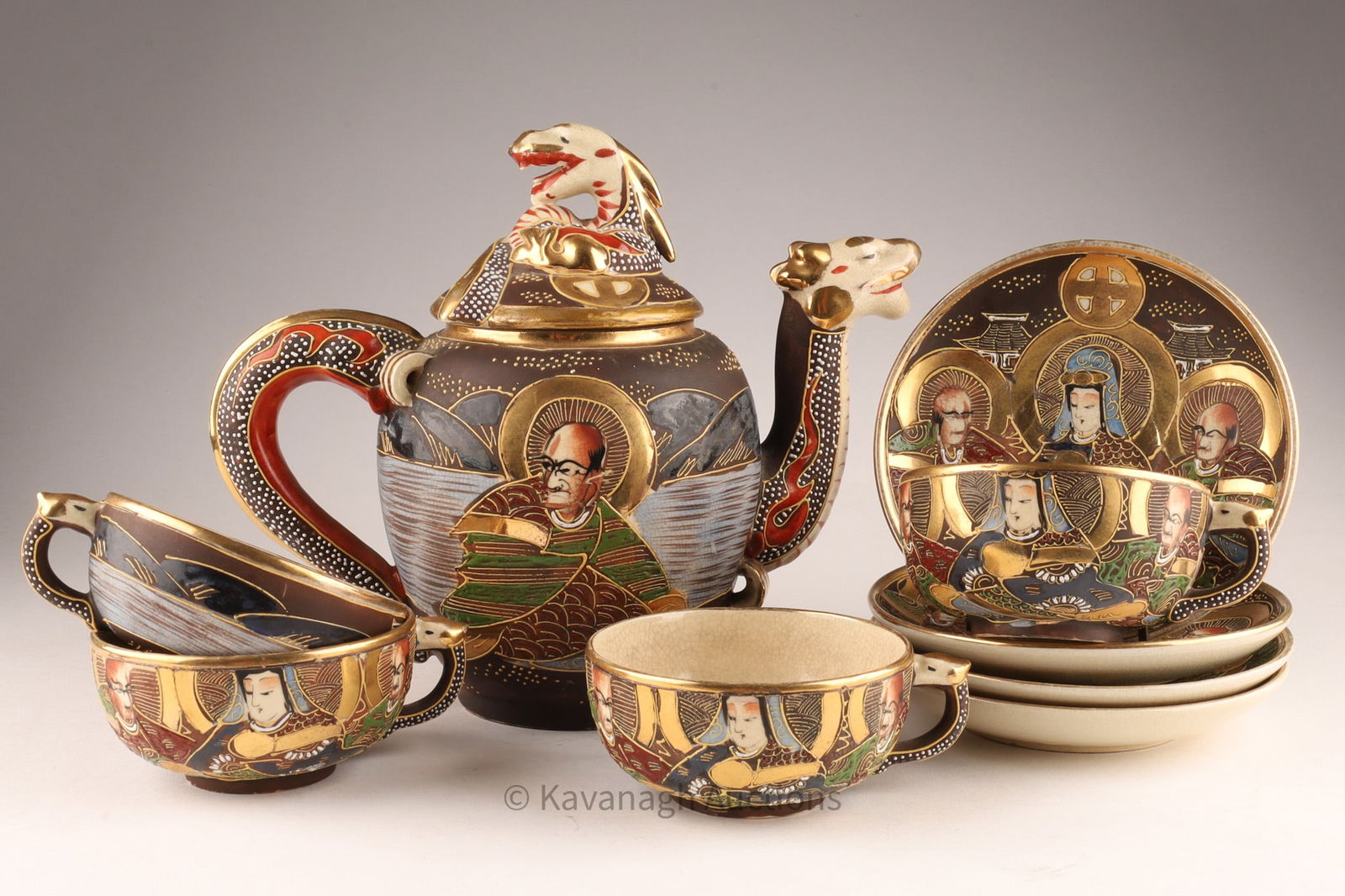 Signed Japanese Satsuma Painted Dragon Tea Set (1 of 9)