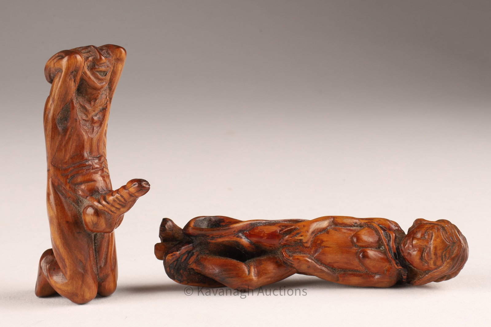 Lot Japanese Erotic Netsuke Male and Female: Lot Japanese Erotic Netsuke Male and Female Figures. Standing female nude measures 3 inches H, kneeling male nude measures 2.5 inches H x 1.5 W (ahem).
