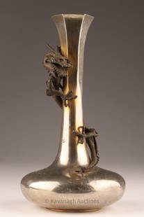 Antique Japanese Meiji Period Bronze Dragon Vase: Antique Japanese Meiji Period Bronze Dragon Vase on Silver Tone Vase. Dragon is missing one ear, vase measures 8.25 inches H x 4.25 W.