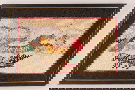 Folk Art Hooked Rug Winter Country Landscape: Folk Art Hooked Rug Winter Country Landscape depicting a snowy village scene with houses, mountains, and a person in a sleigh being pulled by a horse, carrying a Christmas tree. Framed, measures 19 x
