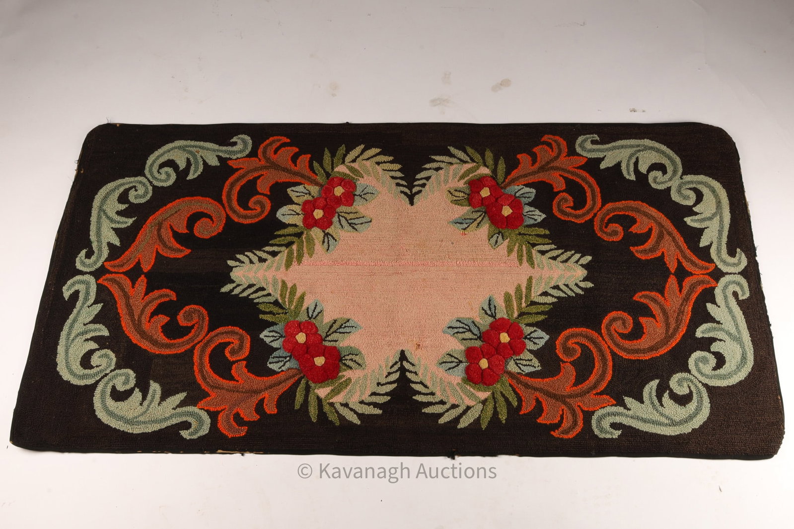 Antique Victorian Hook Rug Floral Decoration: Antique Victorian Hook Rug Floral Decoration. 32 inche sW x 62 L.