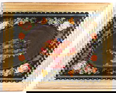 Victorian Folk Art Reverse Painted Still Life Foil: Victorian Folk Art Reverse Painted On Glass, Still Life Scene, Foil Backed. Frame measures 23.5 inches H x 29.5 W.