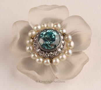 14K Gold Diamond Crystal Pearl Topaz Flower Brooch: 14K Gold, Diamond, Crystal, Pearls and Blue Topaz Flower Brooch. Central faceted light blue topaz surrounded by 18 small, faceted diamonds, 16 seed pearls and five crystal petals mounted to a yellow g