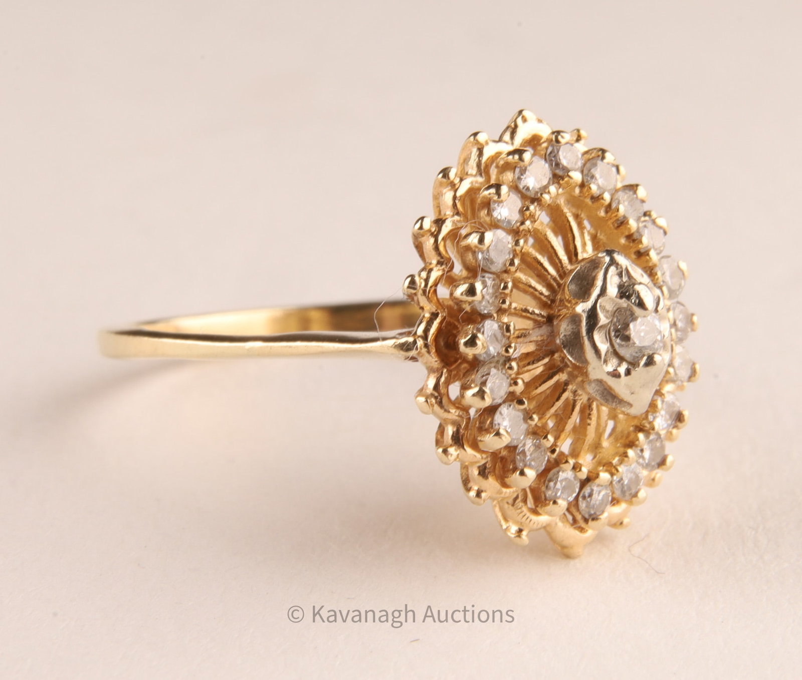 14K Gold and Diamonds Halo Sunburst Lady Ring: 14K Gold and Diamonds Halo Sunburst Lady Ring. 2.9 grams total weight, size 5.5.