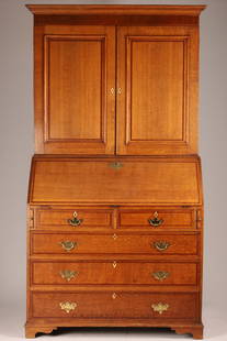 Georgian Bureau Fall Front Bookcase Secretaire: Antique English oak bureau bookcase with drop down writing surface. Original brass hardware. Gorgeous inlaid shell design on desk. Comes with two original keys. Measuring 87 inches H x 45.5 W x 21 dee