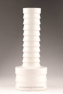 1960s MCM Raymor Italy Modernist Tiered Vase: 1960s Mid Century Raymor Italy Modernist Tiered White Ceramic Vase. 12.75 inches H x 5 W. With original stick on base, paper label marked 312 Made in Italy.