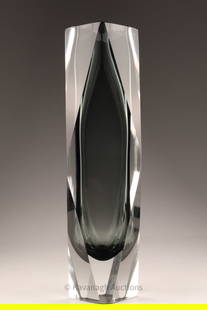 MCM Murano Facet Cut Smoke Glass Sommerso Vase: Mid Century Modernist Murano Facet Cut Grey Smoke Glass Sommerso Vase. 12 inches H x 3.25 W.