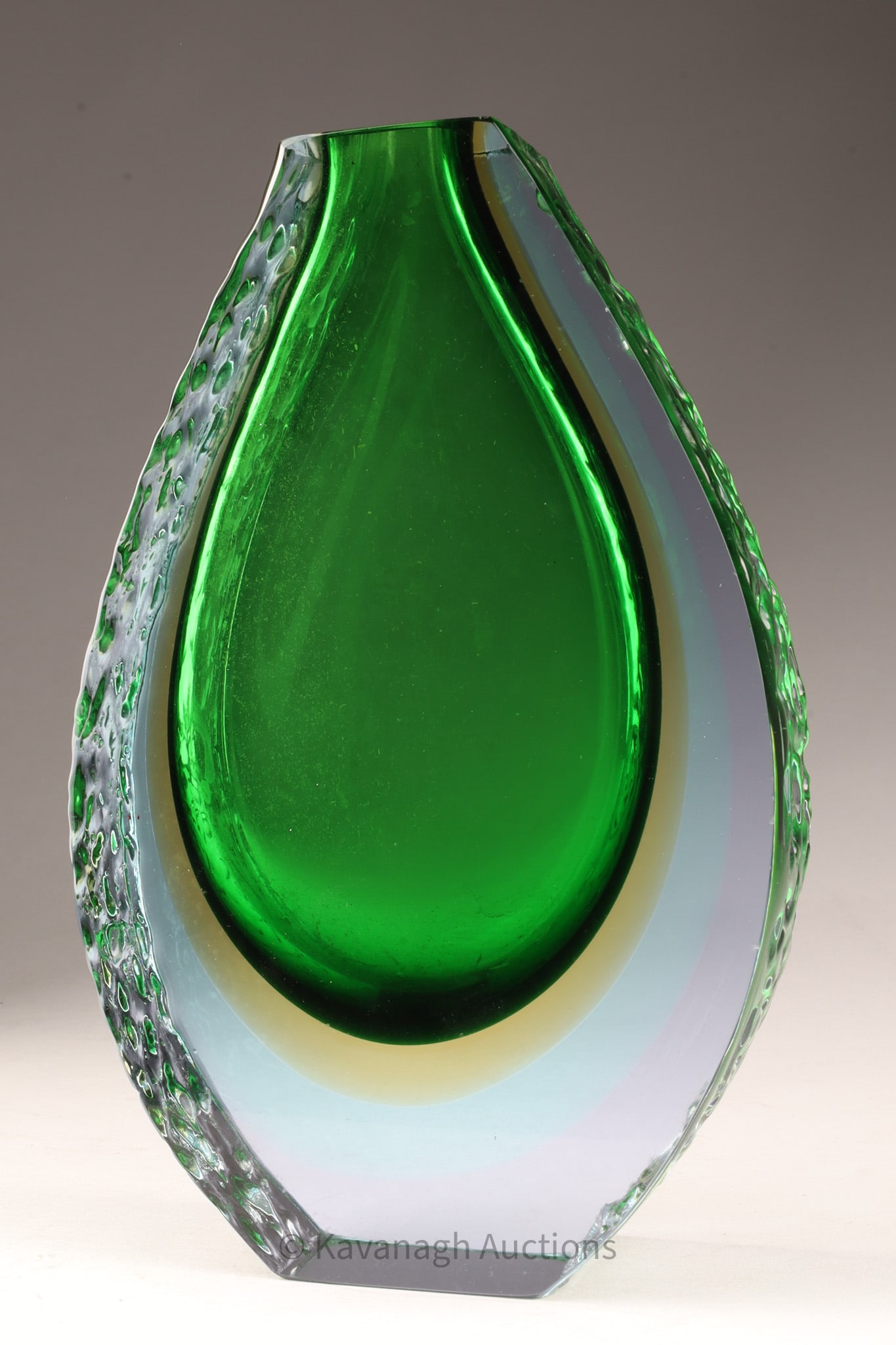 Murano Textured Green Amber Sommerso Glass Vase: Mid Century Murano Textured Green Amber Sommerso Glass Vase. 8 inches H x 5.5 W x 2 deep.