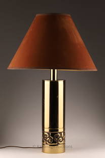 Modernist 1970s Pierre Cardin Brass Table Lamp: Modernist 1970s Pierre Cardin Brass Table Lamp by Laurel Lamp Co with Velour Shade. 30 inches H x 19 W with shade.