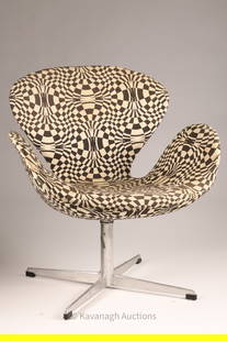 MCM Swan Chair by Arne Jacobsen for Fritz Hansen: Mid Century Modernist Swan Chair by Arne Jacobsen for Fritz Hansen in Op Art fabric upholstery. Adjustable seat height and swivel. Some staining and wear to fabric, as shown, small spots of loss to ru