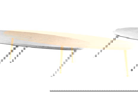 MCM Travertine and Brass Surfboard Coffee Table: Mid Century Modern Travertine and Brass Surfboard Coffee Table, made in Italy, marked on underside. 60 inches L x 18 deep x 14 H.
