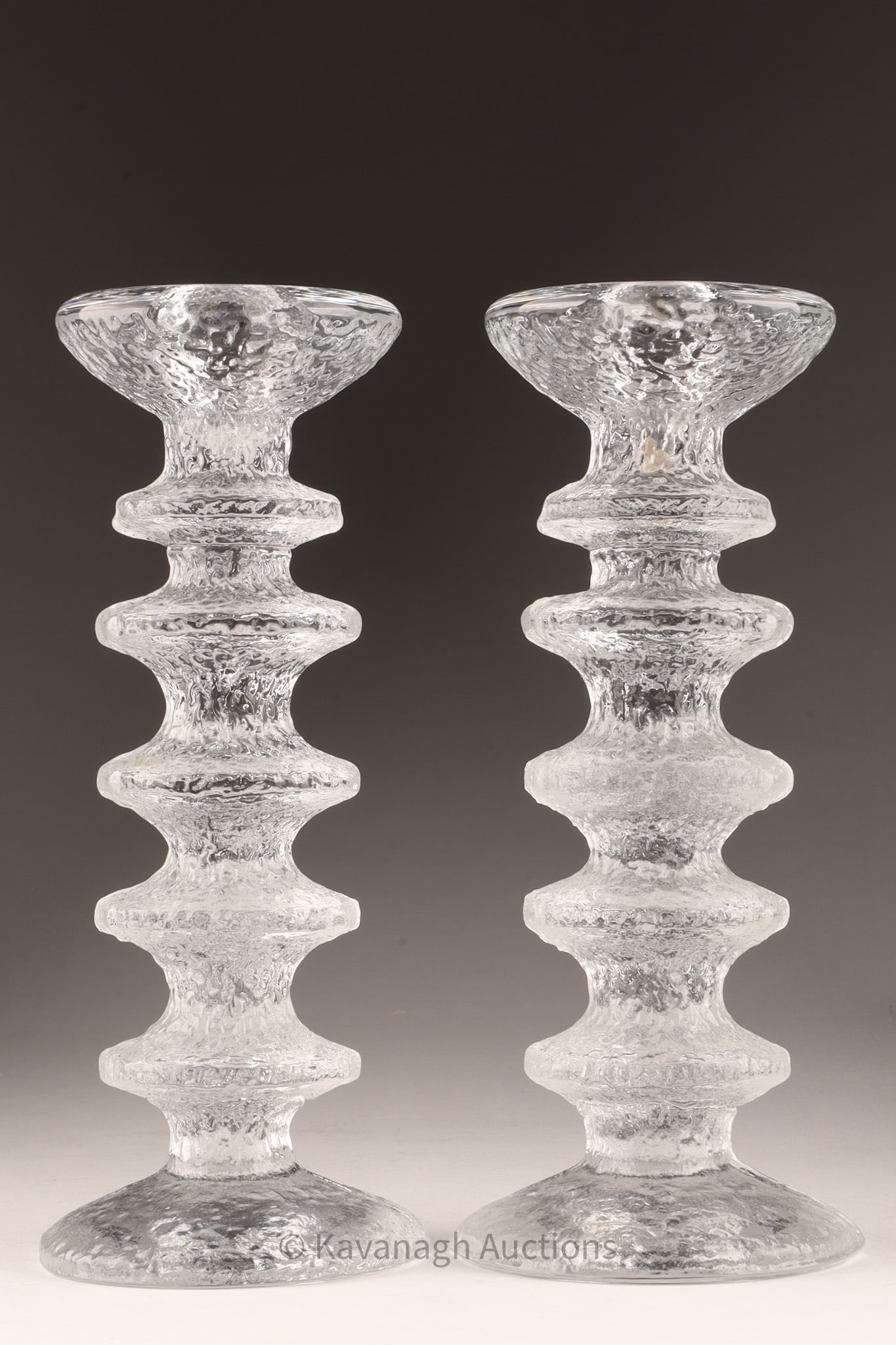 Pair Iittala Timo Sarpaneva FESTIVO Candlesticks: Pair Iittala Finland Timo Sarpaneva FESTIVO Textured Glass Candlesticks. 9 inches H x 3.5 W