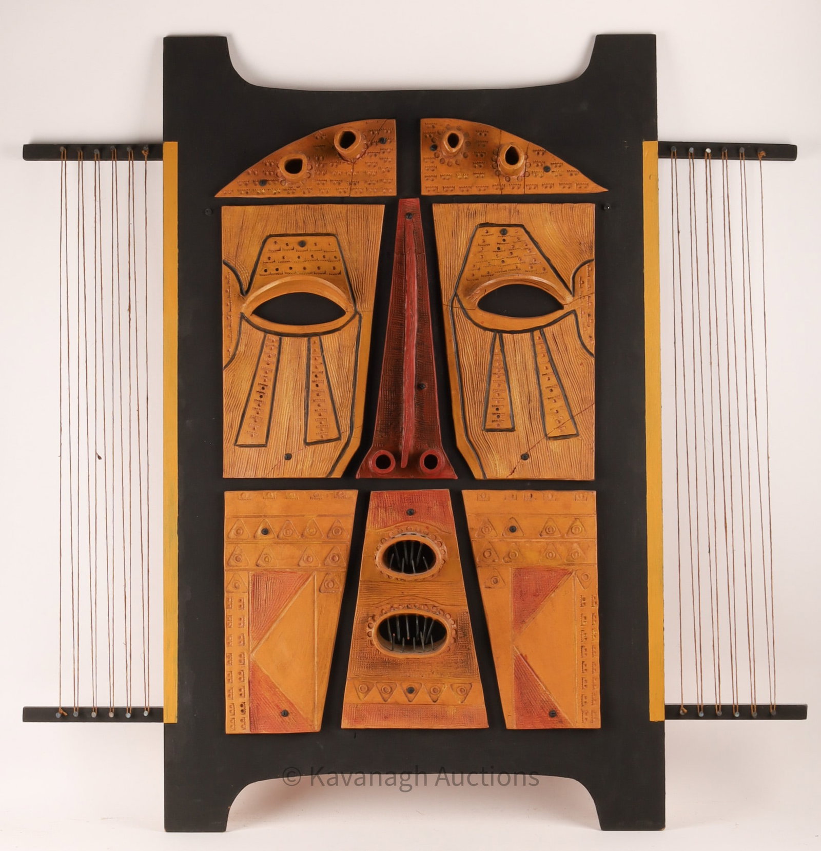 Jovette Marchessault Yellow Totem Wall Sculpture: Jovette Marchessault (Canadian, 1938 - 2012), mixed media wall sculpture titled Totem pour la Terre - Totem for the Earth, made of plywood and cord, with attached incised composite elements in yellow,