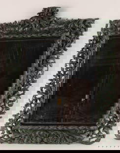 19th C Carved Scrolling Baroque Faux Finish Mirror: 19th C French Carved Wood Scrolling Baroque Faux Finish Mirror. Restoration to lower corners, faux verdisgris finish. 27.5 inches H x 22 W.