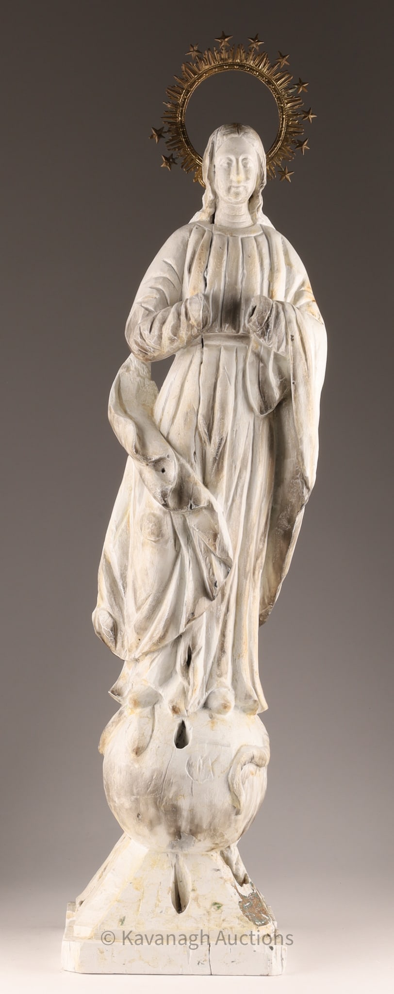 Antique Large Immaculate Conception Virgin Mary: A large and antique wood sculpture depicting the Virgin Mary in the style of the immaculate conception. Approximately 36 inches tall with gilt brass crown. Appears to have been repainted at some point