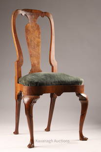 Queen Anne Walnut Veneer Slipper Foot Side Chair: 18th C Queen Anne Walnut Veneer Slipper Foot Side Chair. Shaped seat and cabriole legs ending in unusual shoe or slipper form pad feet. 41 inches H x 22 W x 17 deep, seat height 20 inches.