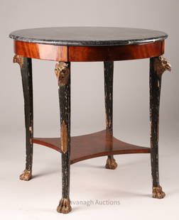 19th C French Empire Tripod Table Griffins Heads: 19th C French Empire Tripod Table with Griffin Heads and Marble Top. 28.5 inches diameter x 28 H.