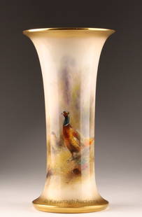 1937 Royal Worcester James Stinton Pheasant Vase: Royal Worcester porcelain Pheasants vase painted by James Stinton, dated 1937. The trumpet shaped vase, finely painted by James Stinton, with pheasants in a landscape and trees in the background, gilt