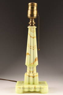 1920s Houzex Art Deco Uranium Glass Lamp: 1920s Houzex Art Deco Uranium Glass / On-x-glas Lamp. 12.5 inches H x 4.5 W. Some fleabites to underside, original foil label.
