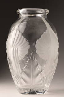 Pierre D'Avesn French Art Deco Glass Vase: An antique Art Deco Vase by Pierre D'Avesn made of clear and frosted glass. It is decorated with Callia Lilies. 8.75 inches x 5 inches at widest point. It is unsigned but a well known, catalogued mode