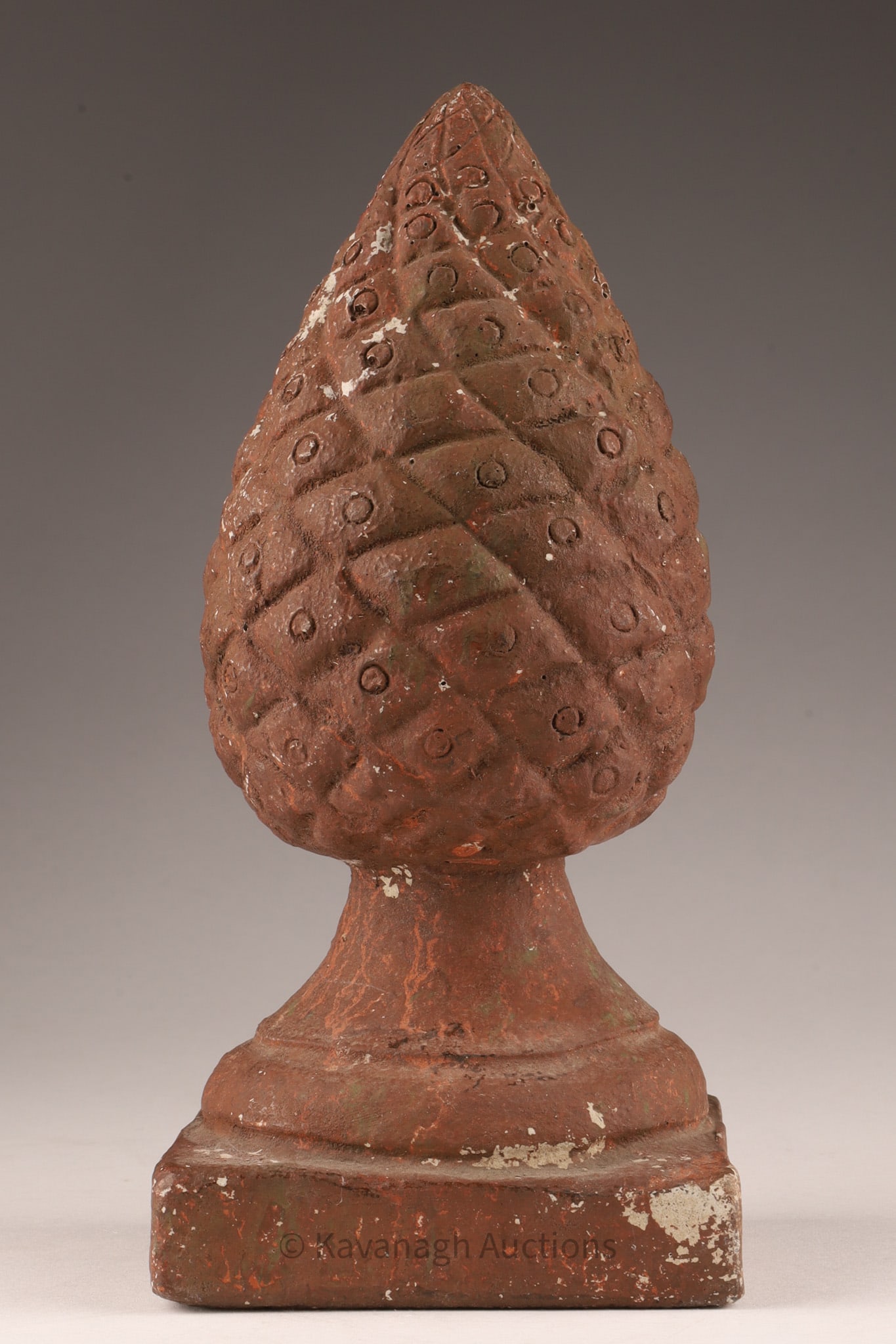 Cast Concrete Pinecone Finial Nina Studio: Cast Concrete Faux Terracotta Pinecone or Acanthus Bud Finial, Marked on foot, Nina Studio S. 185. 8 inches H x 4 W.