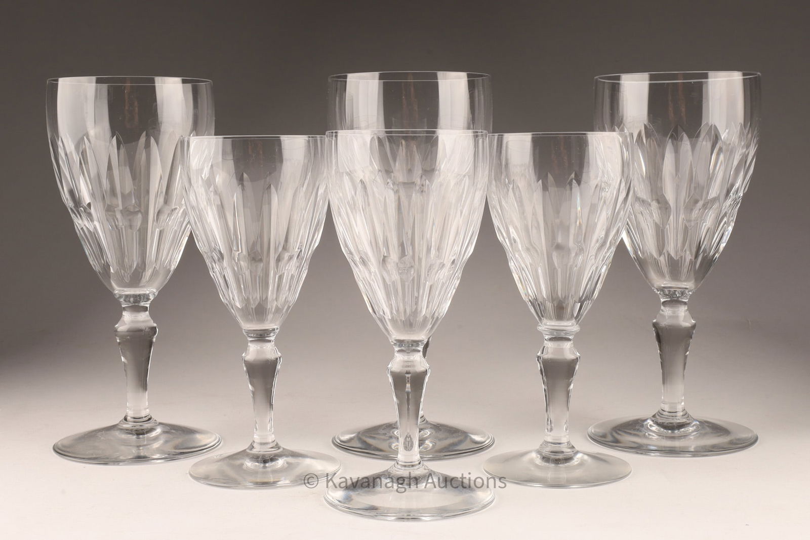 Lot of 6 Auteuil by Baccarat Cut Crystal Glasses: Lot of 6 Auteuil by Baccarat Cut Crystal Glasses. Three Water Goblets measuring 6.75 inches H and 3 white wine glasses, 5.75 inches H. Discontinued pattern, Actual run period: 1957 - 1970. In perfect