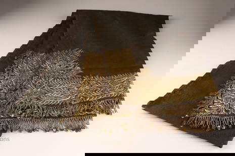 Hand Embroidered Metallic Gold Pashmina Scarf: Antique Hand Embroidered Metallic Gold Pashmina Scarf Wrap with Fringe. Some holes to fabric, fringe has separated in places, measuring 18 inches W x 56 L.