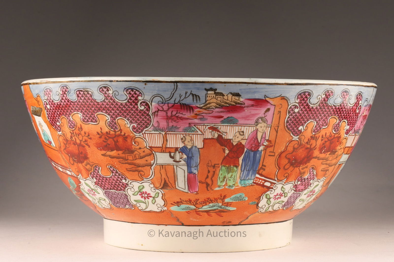 Rare Antique New Hall Chinoiserie Punch Bowl: Rare Antique New Hall English Chinoiserie porcelain punch bowl in Pattern 425 sometimes called Boy in the Window pattern, exterior with pattern hand colored in deep oranges, pinks and blues, the insid