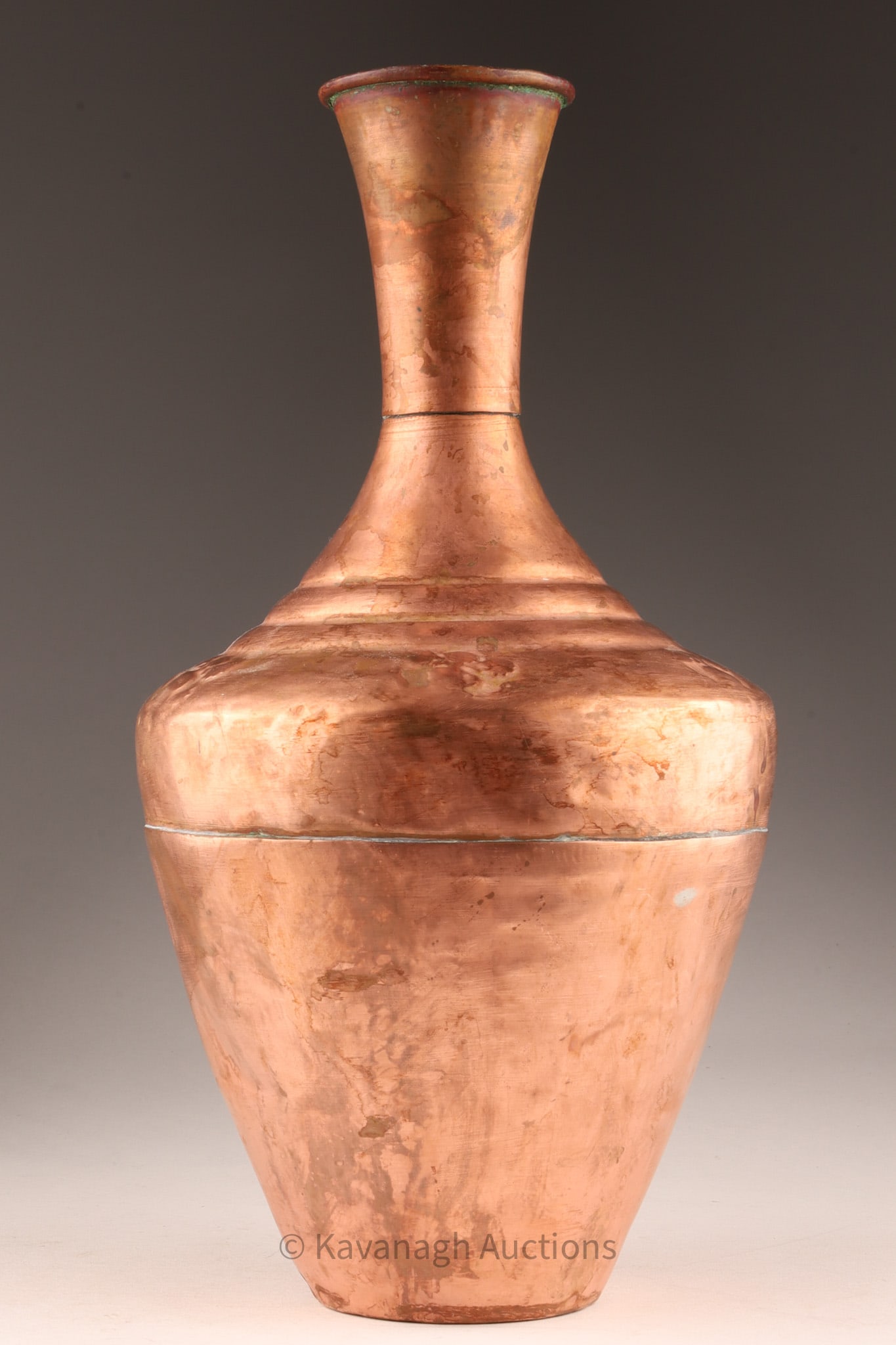 Hammered Turkish Copper Bursa Decanter Vase: Antique Hammered Turkish Copper Bursa Decanter Vase. Marked on underside. Measures 11.5 inches H x 6 W.