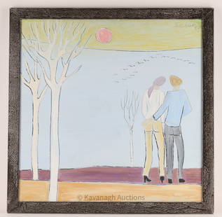 Charles Sucsan Oil on Canvas Figural Landscape: Charles Sucsan (French / Canadian, b. 1932) Oil on Canvas Figural Landscape painting depicting a couple standing in a landscape with bare trees and birds flying overhead. Signed upper right, dated 198