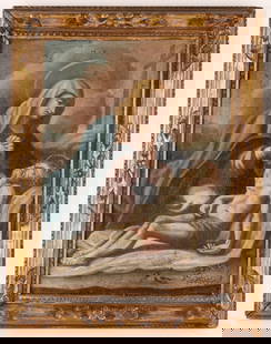 Antique Oil on Canvas La Pieta Painting: An antique and early depiction of the La Pieta scene, depicting the Blessed Virgin Mary cradling the mortal body of Jesus Christ after his Descent from the Cross. Canvas measures 19 x 14 inches, 47 x
