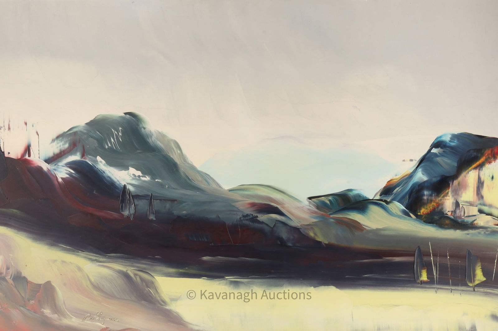 Signed Rene Gagnon (Canada, 1928-2022) Landscape: Signed Rene Gagnon (Canada, 1928-2022) Oil on Masonite, Modernist Mountainous Landscape. Signed lower left. Framed, measures 25.5 x 37.5 inches.