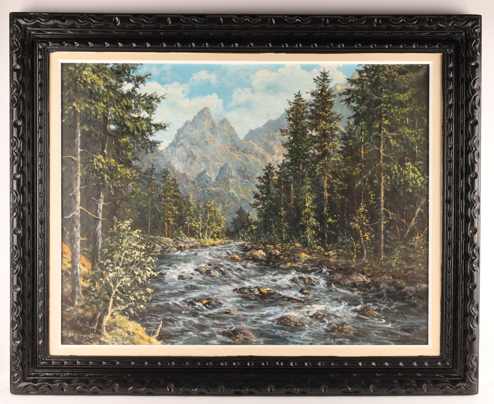 Ireneusz Stryjkowski Polish Mountain Landscape: Ireneusz Stryjkowski (Polish, b. 1924) Mountain Forest Landscape, oil on canvas. Signed lower left, framed. Canvas measures 26 x 33.5 inches W, frame measures 33.5 x 41.5 inches.