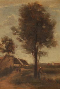 Manner Jean Baptiste COROT (1796-1885) Barbizon: Painting in the Manner of Jean Baptiste Corot, executed in oil on canvas and measuring approximately 28 x 21cm. It depicts a moody scene of the countryside and is apparently unsigned. It has been reli