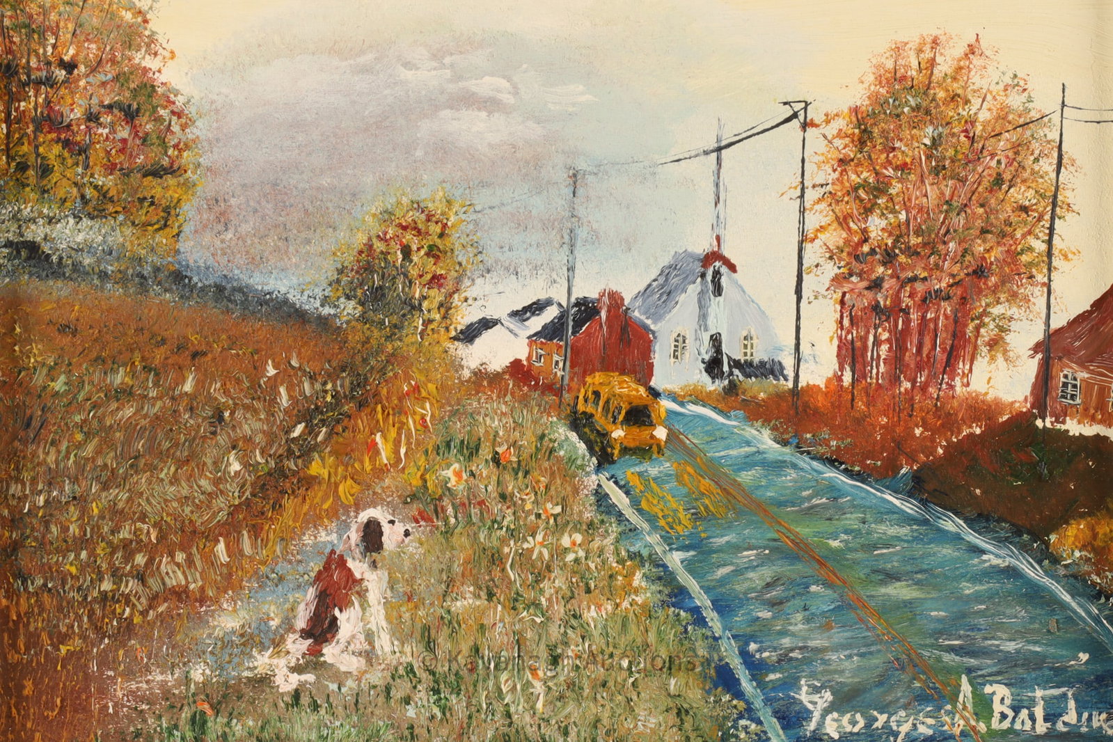 Signed Georges Bolduc Country Landscape Scene: Signed Georges A. Bolduc Folk Art Oil on Canvas Country Landscape Scene featuring a road, a building in the distance, and autumnal trees. Image measures 6 inches H x 8 W, frame measures 12.5 x 10.5 in