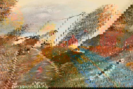 Signed Georges Bolduc Country Landscape Scene: Signed Georges A. Bolduc Folk Art Oil on Canvas Country Landscape Scene featuring a road, a building in the distance, and autumnal trees. Image measures 6 inches H x 8 W, frame measures 12.5 x 10.5 in