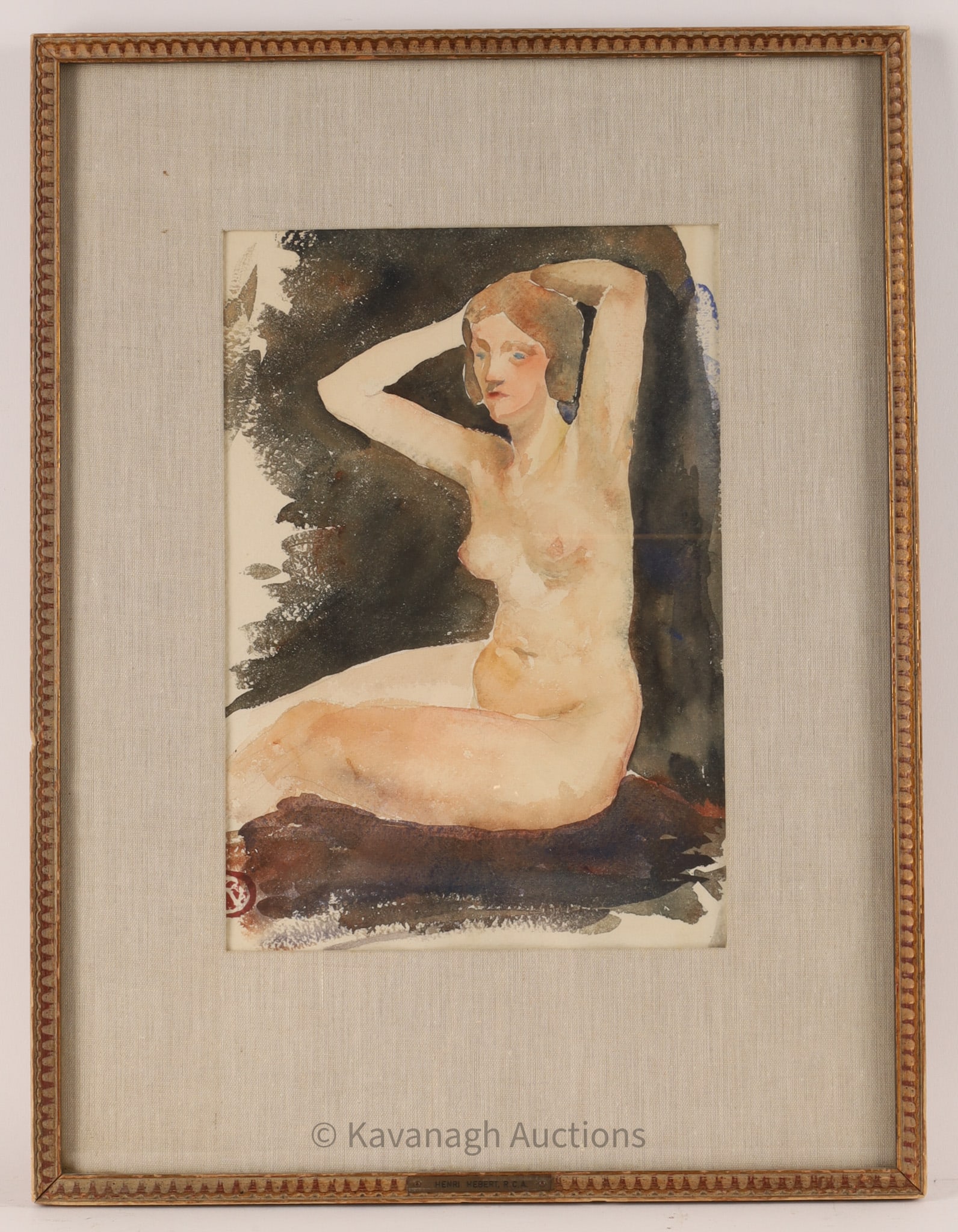 Henri Hebert (Canadian, 1884-1950) Watercolor Nude: Signed Henri Hebert (Canadian, 1884-1950), Watercolor of a Seated Nude. Signed with Hebert's monogram lower left. Original frame. Watercolour measures 13 inches H x 9 W, framed 20 x 16 inches.